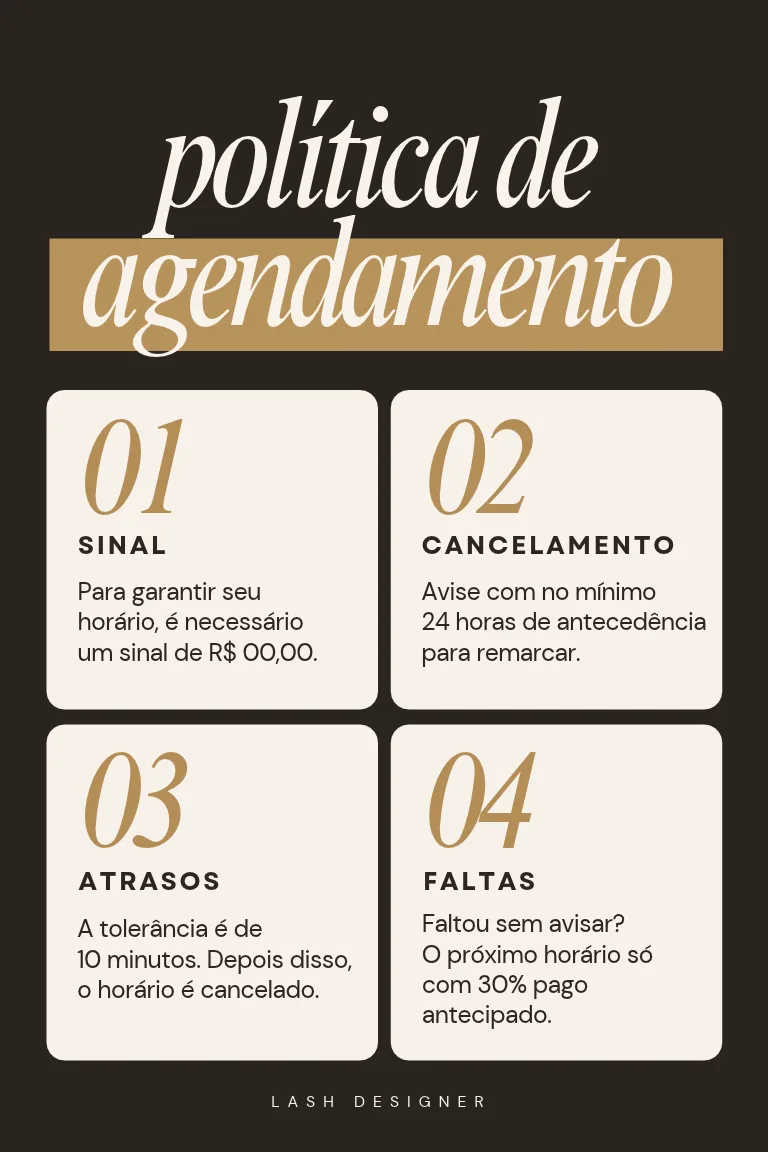 Política de agendamento: sinal, cancelamento, atrasos e faltas
